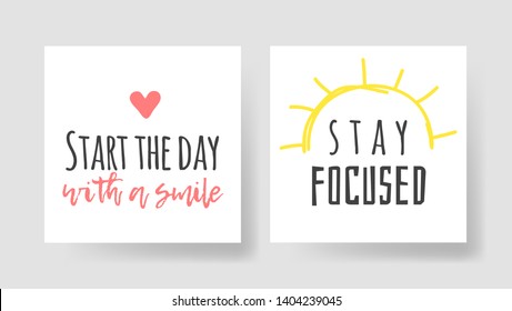 Set of 2 cards with Hand drawn illustration and text. Positive quote for today and doodle style element. Creative ink art work. Actual vector drawing