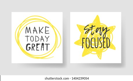 Set of 2 cards with Hand drawn illustration and text. Positive quote for today and doodle style element. Creative ink art work. Actual vector drawing