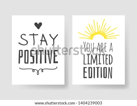 Set of 2 cards with Hand drawn illustration and text. Positive quote for today and doodle style element. Creative ink art work. Actual vector drawing