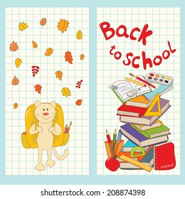 Set of 2 cards with school elements. Funny cat go to school. School tools vector card.
