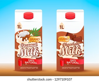 Set of 2 carton packages with milk labels. Fresh and natural coconut and chocolate milk for your brand,logo, template, label, emblem for packing, advertise. Vector illustration.