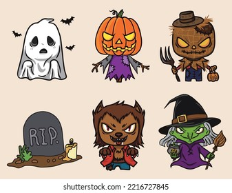 Set 2 Cartoon Monster of Halloween Vector Ghost Werewolf Jack o Lantern Witch Scarecrow Graveyard symbol