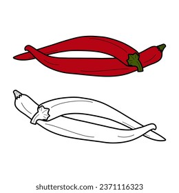 Set of 2 chili pepper vector image hand drawn outline and color drawing. Mexican food. Sticker. Icon