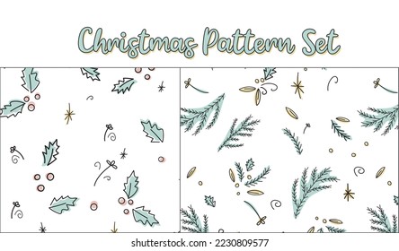 Set of 2 Christmas patterns with doodle Christmas tree branches and berries. Christmas backgrounds for decor, fabrics, banners.