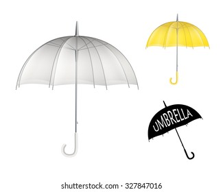 Set of 2 clear plastic rain umbrellas. Transparent and Yellow. Includes logo shape umbrella. 
Isolated vector design. 