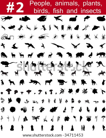 Set # 2.Big collection of collage vector silhouettes of people, animals, birds, fish, flowers and insects