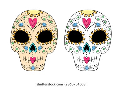 Set of 2 color patterned Sugar Skulls in trendy shades. Day of the Dead. Dia de los muertos. Mexico