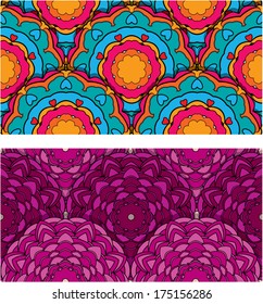 Set of 2 colorful seamless patterns with round ornaments, kaleidoscope floral backgrounds. 