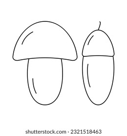 Set of 2 contour drawing seasonal fruits Mushroom and Acorn. Coloring book. Thanksgiving day. Vector
