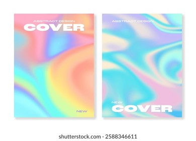 Set of 2 cover templates with abstract gradient backgrounds with holographic effect. For covers, posters, banners, flyers, presentations and other projects. Vector, for web and print.
