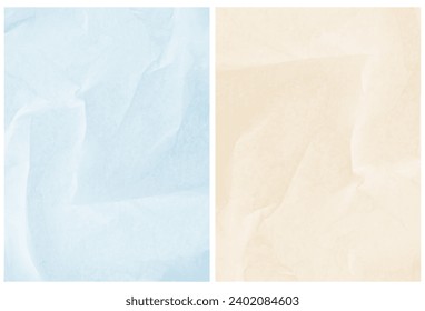 Set of 2 Creative Abstract Vector Layouts Made of Crumpled Paper. Background with Light Beige and Pastel Blue Creased Paper. No Text. RGB. Print with Delicate Tissue Paper Surfuce. RGB.