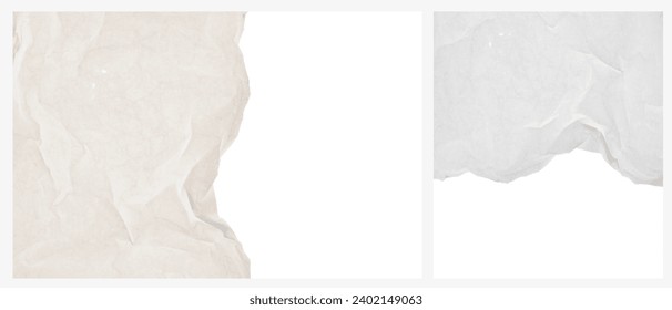 Set of 2 Creative Abstract Vector Layouts with Copy Space and Border Made of Crumpled Paper. Light Beige and Light Gray-White Creased Paper isolated on a White Background. No text. RGB.