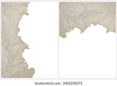 Set of 2 Creative Abstract Vector Layouts with Copy Space and Border Made of Crumpled Burned Paper. Dark Beige Old Creased Paper with Traces of Burning isolated on a White Background. No text. RGB. 