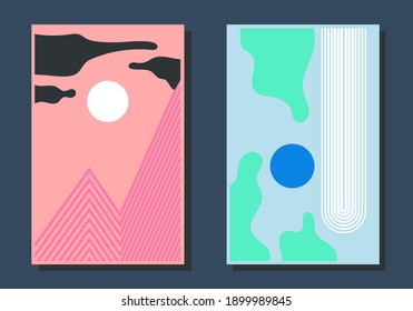 Set of 2 creative minimalist hand painted illustrations for wall decoration, postcard or brochure design. Vector eps 10.