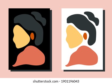 Set of 2 creative minimalist hand painted of female face illustrations for wall decoration, postcard or brochure design. Vector eps 10.