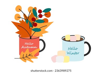 Set of 2 cups with autumn and winter lettering, a bouquet of autumn leaves and warm with marshmallow