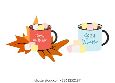 Set of 2 Cups with lettering Cozy Autumn and Cozy winter with marshmallow and dry leaves. Isolate