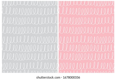 Conjunto de 2 patrones de vectores geométricos abstractos de corte. Líneas blancas con bucles aislados en fondo gris claro y rosa. Gracioso Vector de estilo Infantil Impresión ideal para Tejidos, Textiles, Papel de envolver.