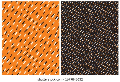 Set of 2 Cute Abstract Geometric Vector Patterns. White and Black Irregular Brush Spots on an Orange Background. White and Orange Lines on a Black Layout. Funny Infantile Style Vector Print.
