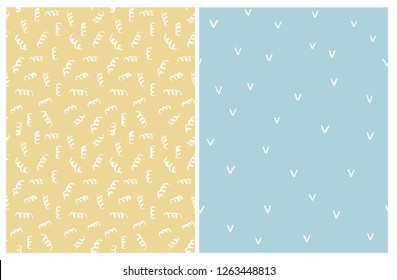 Set of 2 Cute Abstract Vector Patterns. White Springs and Approve Signs on a Yellow and Blue Backgrounds. Simple Hand Drawn Geometric Design. Funny Infantile Style Layouts. Pastel Colors Art.