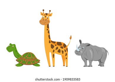 Set 2 of cute animals collection: turtle, giraffe, rhino. African animals for kid's education