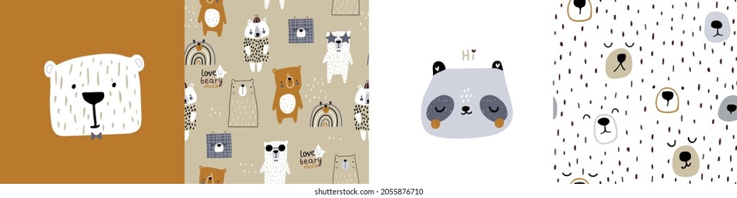 Set of 2 cute bear face posters and 2 seamless patterns. Creative bear background. Vector illustration