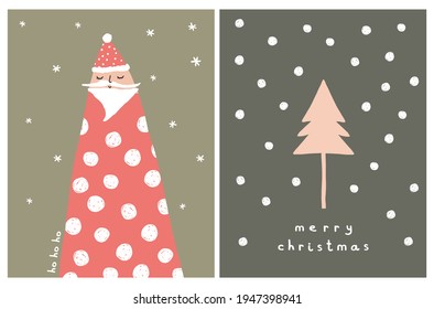 Set of 2 Cute Christmas Vector Card. Christmas Tree and and Snow Isolated on a Dark Green Background. Handwritten Merry Christmas and Ho Ho Ho. Big Santa Claus and Stars on a Pale Green Layout.
