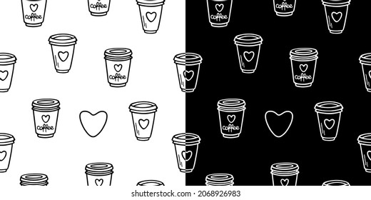 Set of 2 cute doodles hand drawn seamless patterns. Black and white vector background. Coffee cups. Love coffee. Happy Valentine's day theme. 