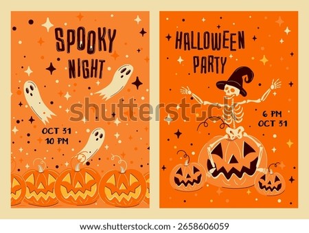 Set of 2 cute Halloween party invitation vector templates. Designs feature hand-drawn ghosts, pumpkins, and a skeleton. Fun and spooky designs for a Spooky Night or kids party.