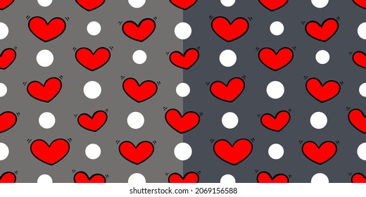 Set of 2 cute hand drawn seamless patterns with lovely doodles hearts. Colorful vector background. Love theme. Happy Valentine's day theme. 
