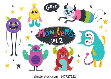 Set 2 of cute multi-colored monsters. Cartoon characters for print, party decoration, t-shirt, illustration, logo, emblem or sticker. Cute flat design.