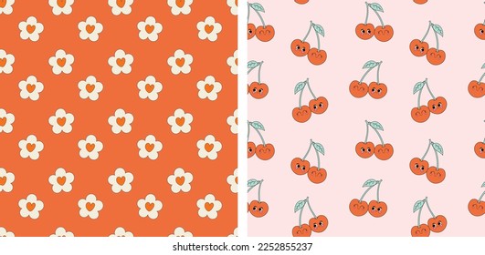 Set of 2 cute romantic pattern with cherry and floral design. Retro pattern background for valentines day. 