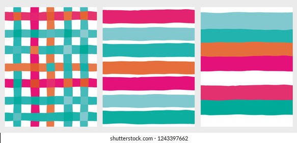 Set of 2 Cute Stripes Vector Patterns and Grid Layout. Irregular Infantile Design. White Background. Mint Green, Orange and Pink Lines. Simple Abstract Design.