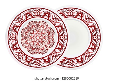 Set of 2 decorative plates for interior design. Color mandala ornament. Vector illustration