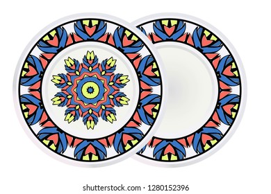 Set of 2 decorative plates for interior design. Color mandala ornament. Vector illustration