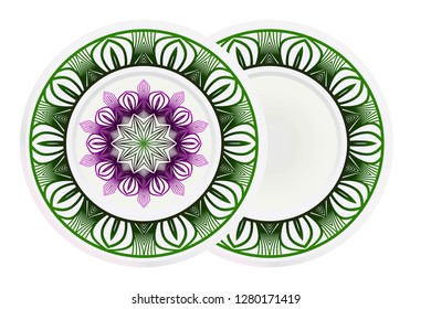 Set of 2 decorative plates for interior design. Color mandala ornament. Vector illustration