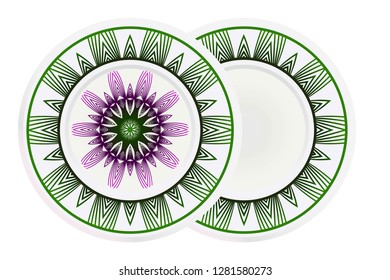 Set of 2 decorative plates for interior design. Color mandala ornament. Vector illustration