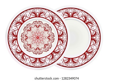 Set of 2 decorative plates for interior design. Color mandala ornament. Vector illustration