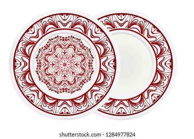 Set of 2 decorative plates for interior design. Color mandala ornament. Vector illustration