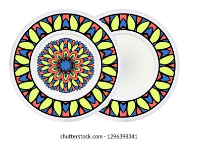 Set of 2 decorative plates for interior design. Color mandala ornament. Vector illustration