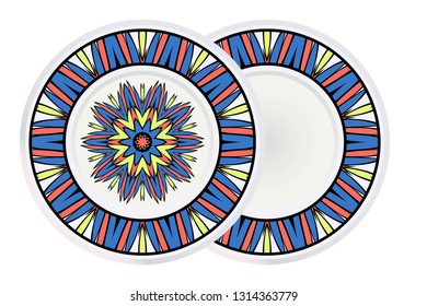 Set of 2 decorative plates for interior design. Color mandala ornament. Vector illustration