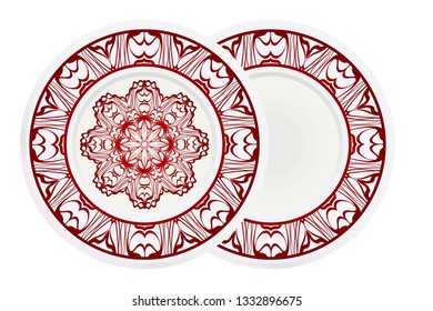 Set of 2 decorative plates for interior design. Color mandala ornament. Vector illustration