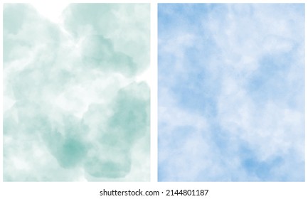 Set von 2 zarten abstrakten Aquarell-Vektorgrafiken. Hellminzige, grüne und hellblaue Farbsteine auf weißem Hintergrund. Farbpinsel in Pastellfarben Drucktasten Set.