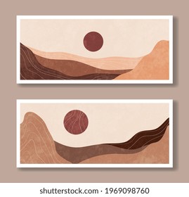 Set of 2 desert landscapes in earth colors and with texture on mockup. Vector modern scandinavian artwork for print, poster and art product.