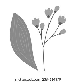 Set of 2 design elements of flowering twig and spathiphyllum leaf in grayscale. Sticker. Icon. Logo