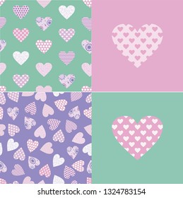 Set of 2 different Happy Valentine's day card backgrounds and 2 different seamless geometric vector patterns with hearts. Vector repeating texture. Stylish Valentines day background 