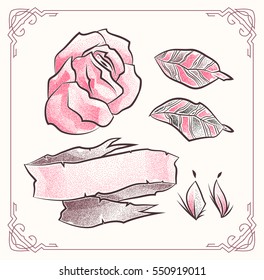 Set 2. Dotted flower with heart and leaves decorative ornate. Cute floral elements in dotwork. Contour style for tattoo design. Vector stock illustration