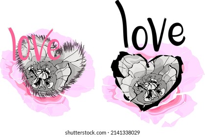 A set of 2 drawings. Sublimation of pink poppies and hearts. Print on a T-shirt. Abstract illustration.