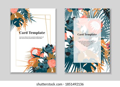 Set of 2 elegant boho greting card templates, tender pastel colorls, white background. Golden geometrical frame.