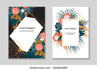 Set of 2 elegant boho greting card templates, tender pastel colorls, white background. Golden geometrical frame.